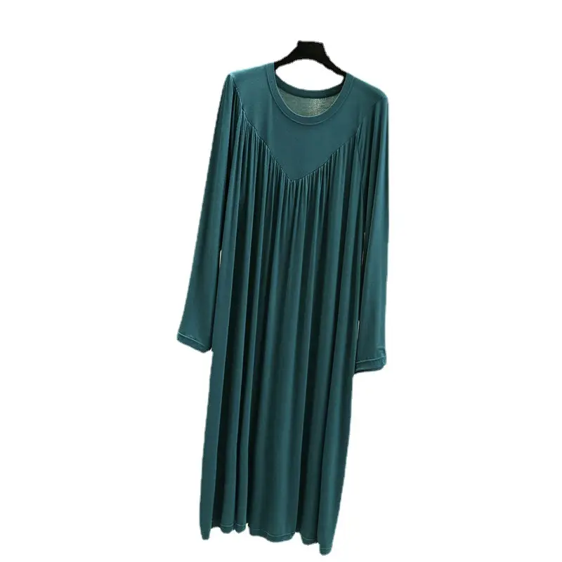 Long Sleeve V-Neck Dress Green Modal Cotton - Image 14