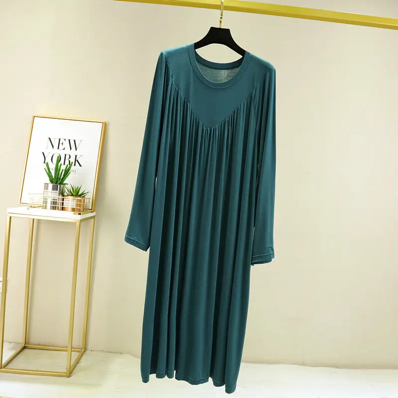 Long Sleeve V-Neck Dress Green Modal Cotton - Image 8