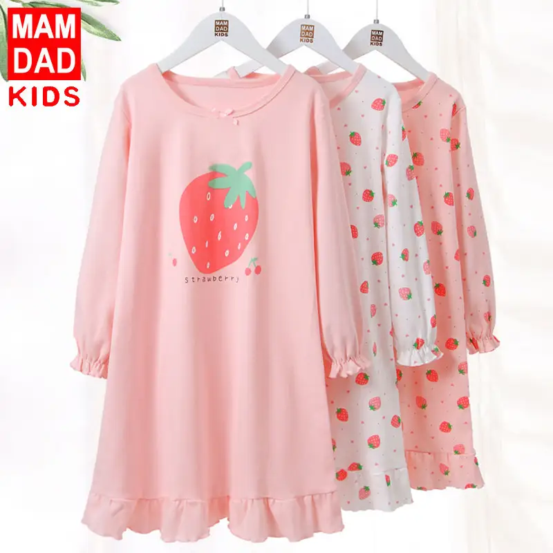 Girls Cotton Nightgown Strawberry Print Long Sleeve - Image 5