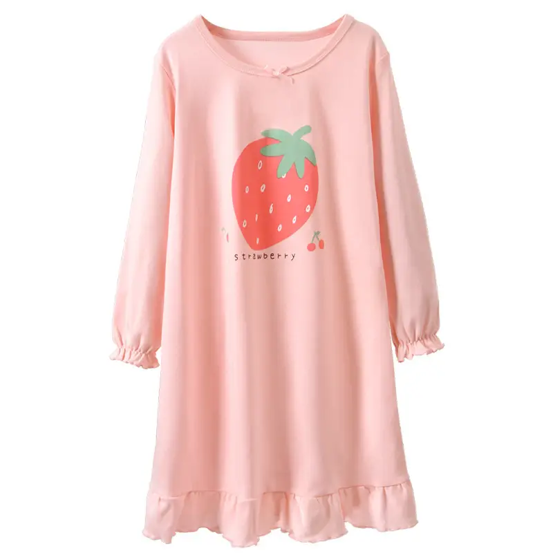 Girls Cotton Nightgown Strawberry Print Long Sleeve - Image 8