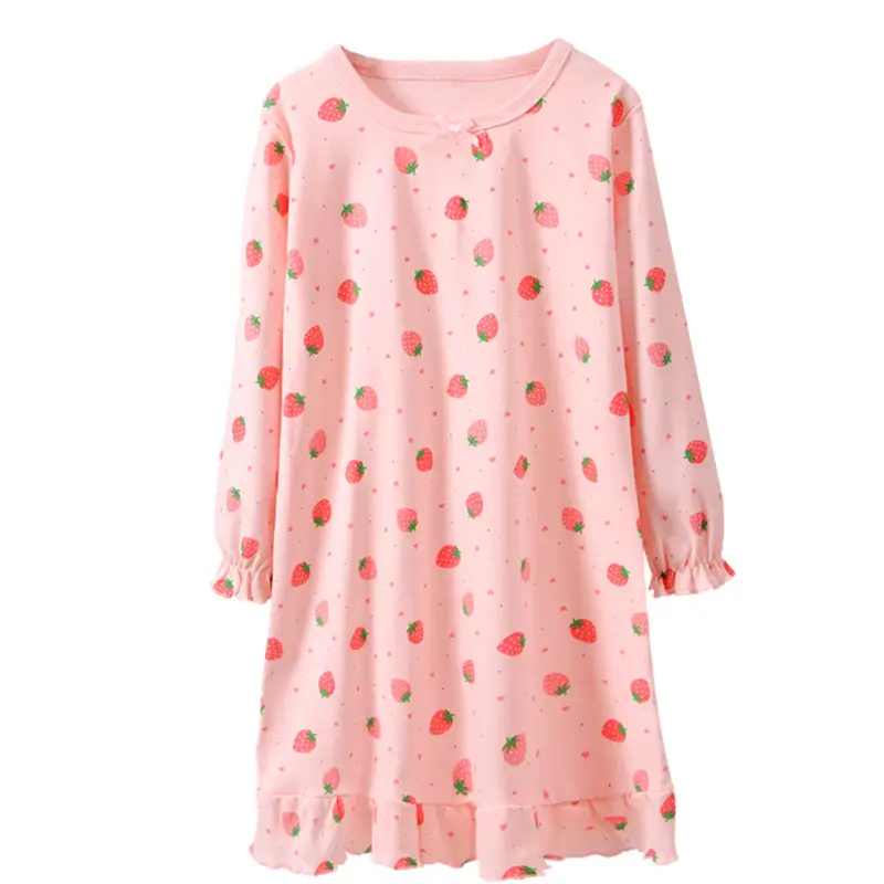 Girls Cotton Nightgown Strawberry Print Long Sleeve - Image 3
