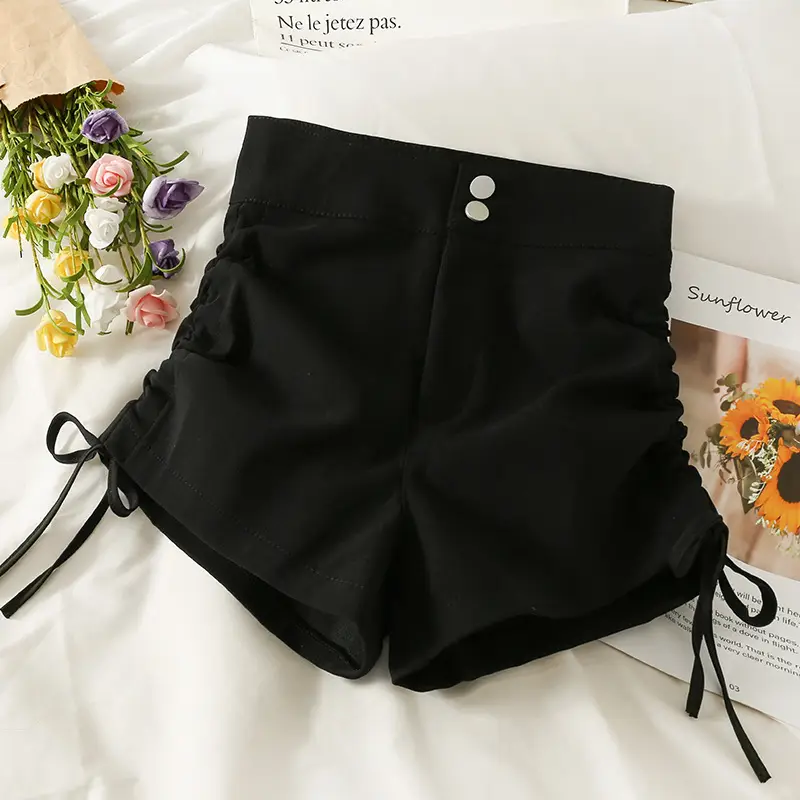 Women Black High Waist Slim Shorts with Lace