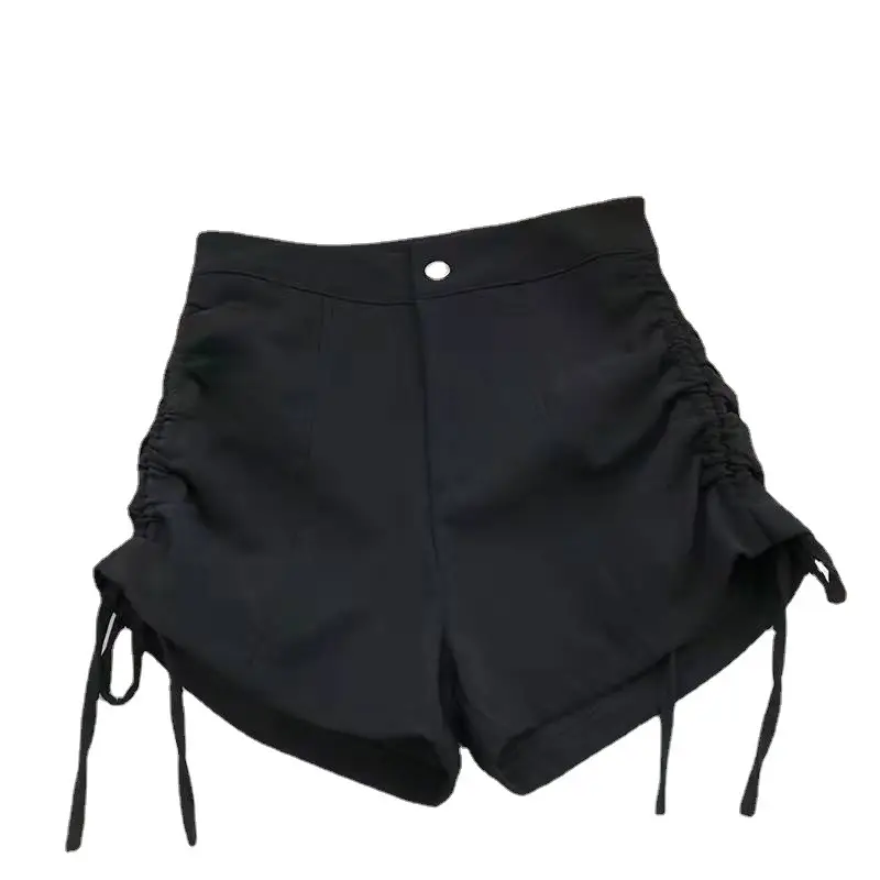 Women Black High Waist Slim Shorts with Lace