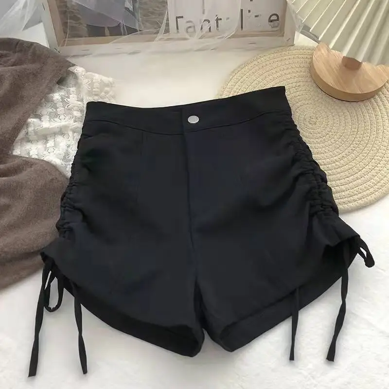 Women Black High Waist Slim Shorts with Lace