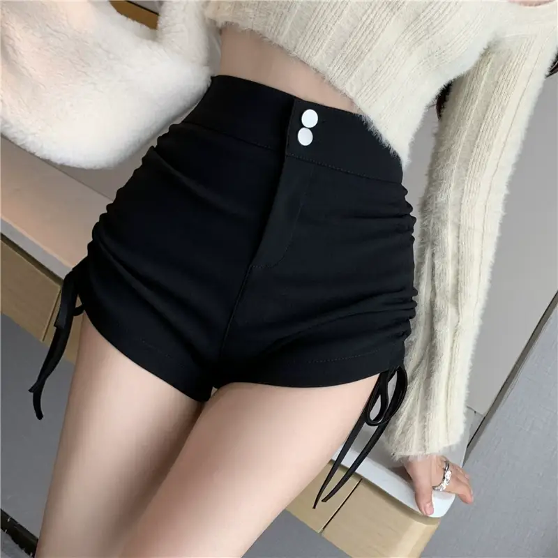 Women Black Drawstring Pleated Shorts — feature 10