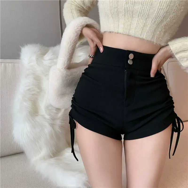 Women Black Drawstring Pleated Shorts — feature 14