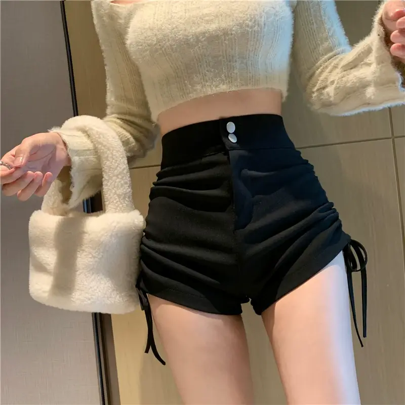 Women Black Drawstring Pleated Shorts — feature 15