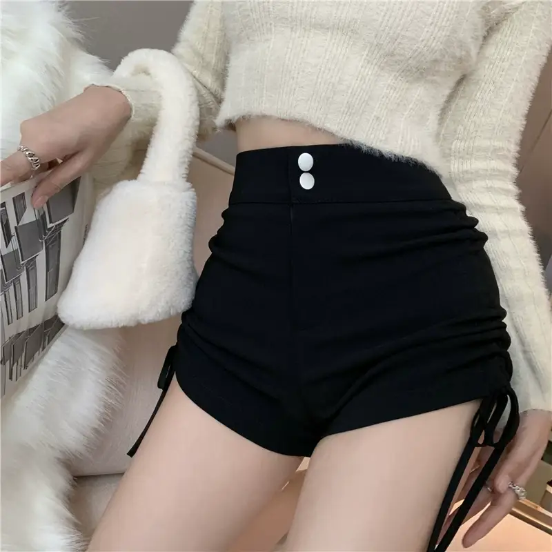 Women Black Drawstring Pleated Shorts — feature 7