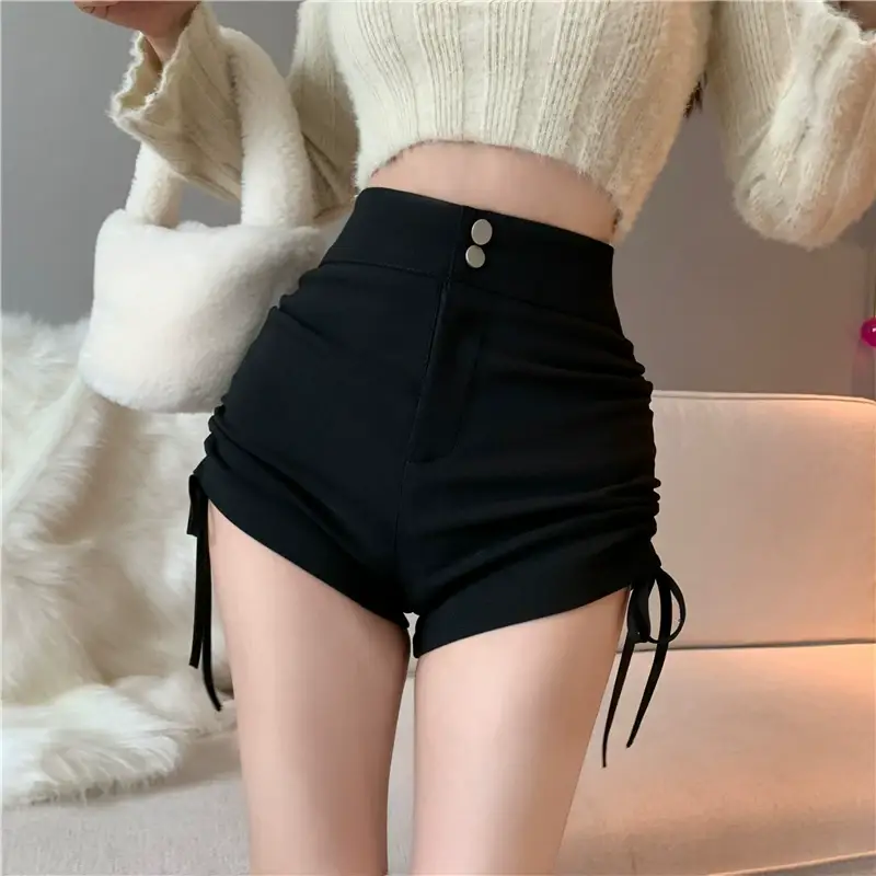 Women Black Drawstring Pleated Shorts — feature 9