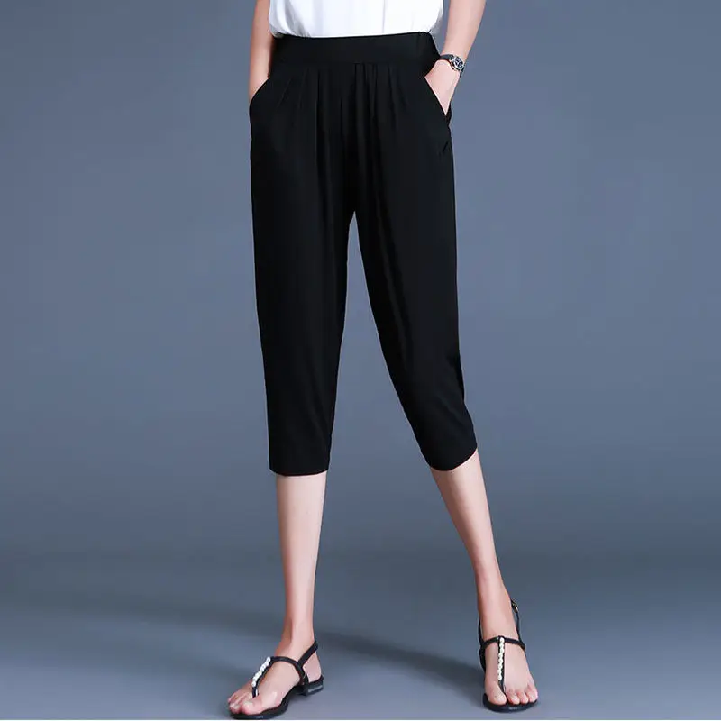 Women Black Elastic Capri Pants Summer Casual