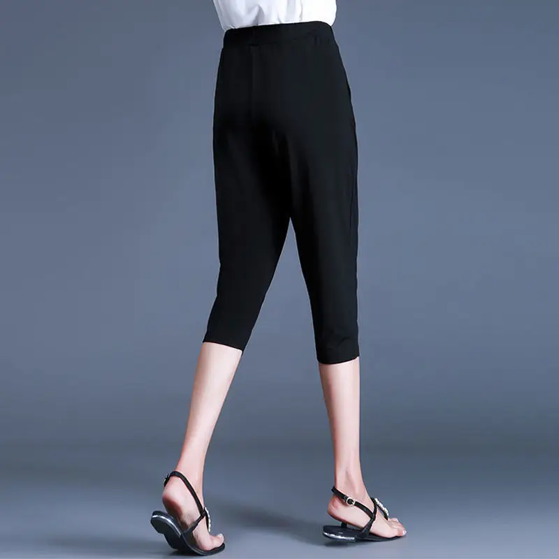 Women Black Elastic Capri Pants Summer Casual
