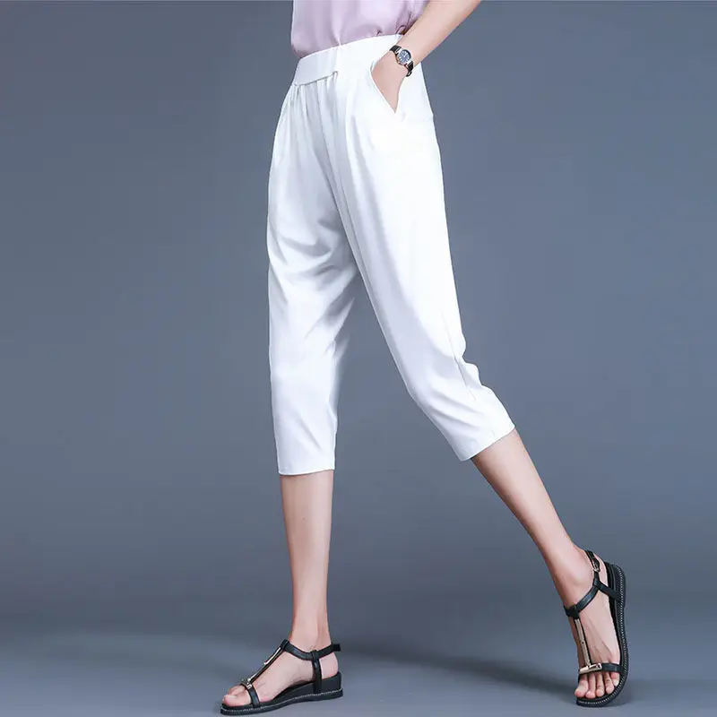 Women Black Elastic Capri Pants Summer Casual