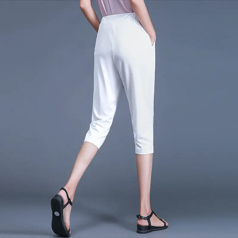 Women Black Elastic Capri Pants Summer Casual