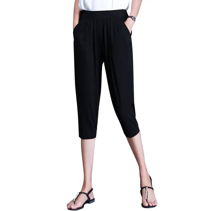 Women Black Elastic Capri Pants Summer Casual