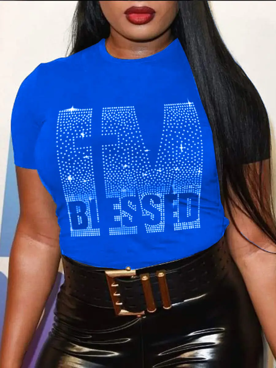 Blue Beaded Diamond Round Neck T-Shirt - Image 4