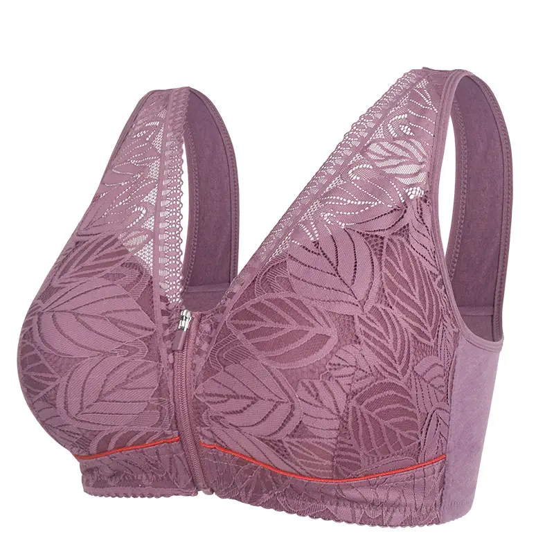Front Zipper Bra for Middle-Aged and Elderly Women with Large Busts, Wireless Vest-Style Lace New Large Size Bra