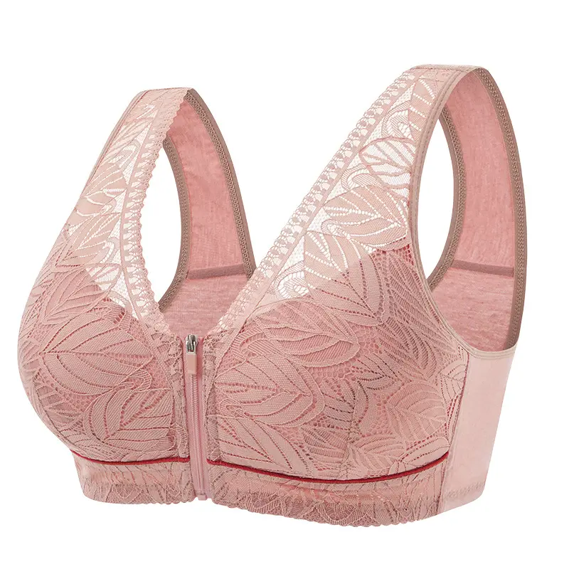 Front Zipper Bra for Middle-Aged and Elderly Women with Large Busts, Wireless Vest-Style Lace New Large Size Bra
