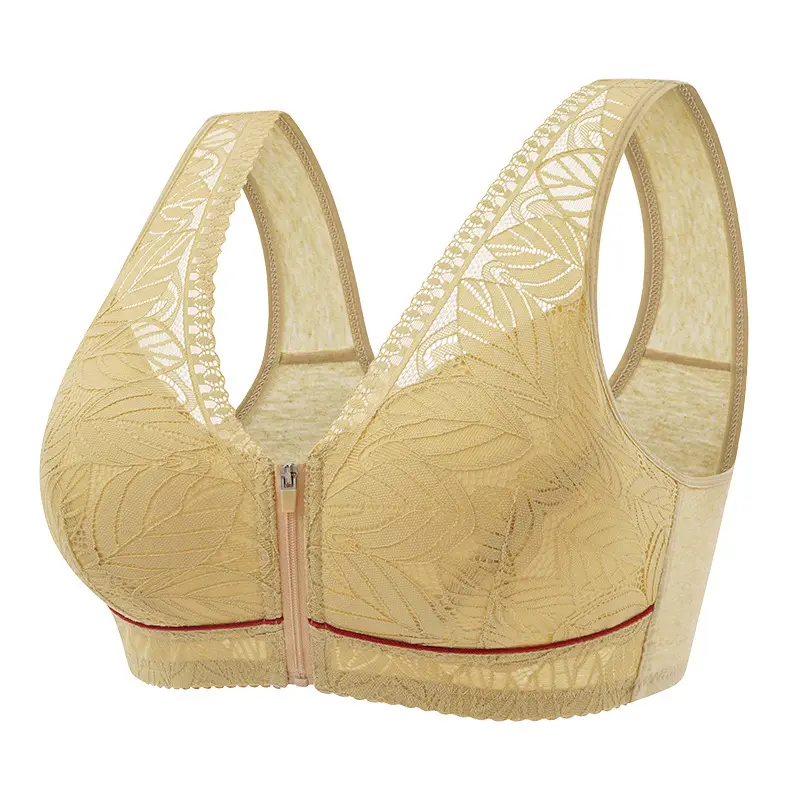 Front Zipper Bra for Middle-Aged and Elderly Women with Large Busts, Wireless Vest-Style Lace New Large Size Bra