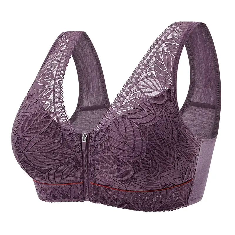 Front Zipper Bra for Middle-Aged and Elderly Women with Large Busts, Wireless Vest-Style Lace New Large Size Bra