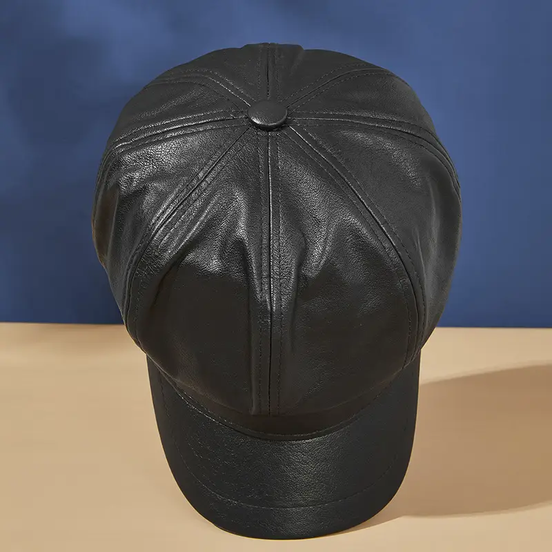 Black PU Leather Octagonal Cap for Men Women