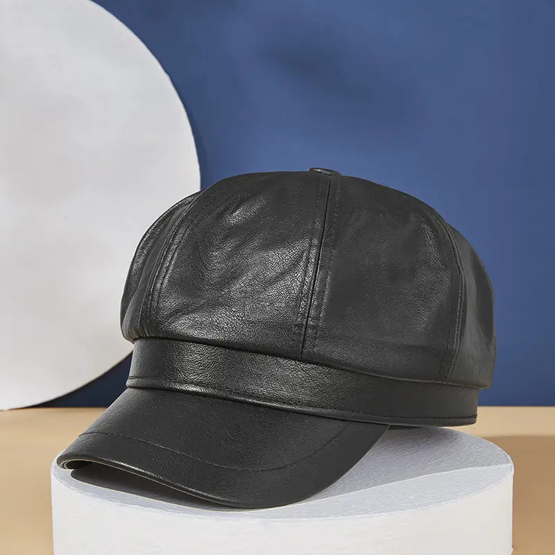 Black PU Leather Octagonal Cap for Men Women