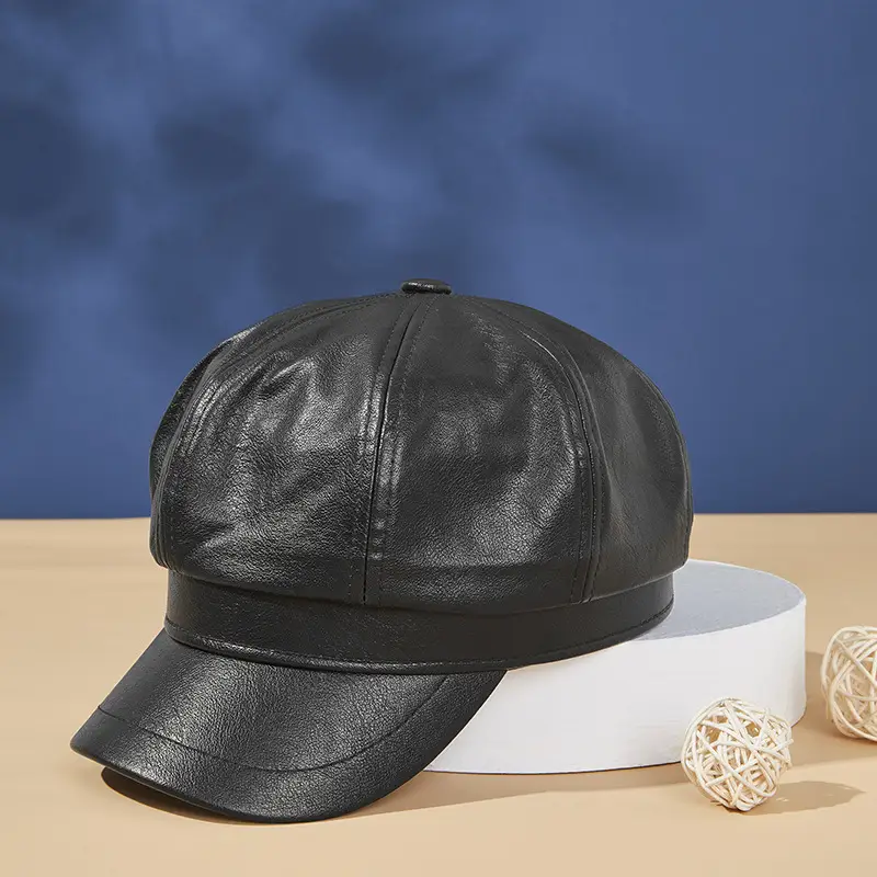 Black PU Leather Octagonal Cap for Men Women