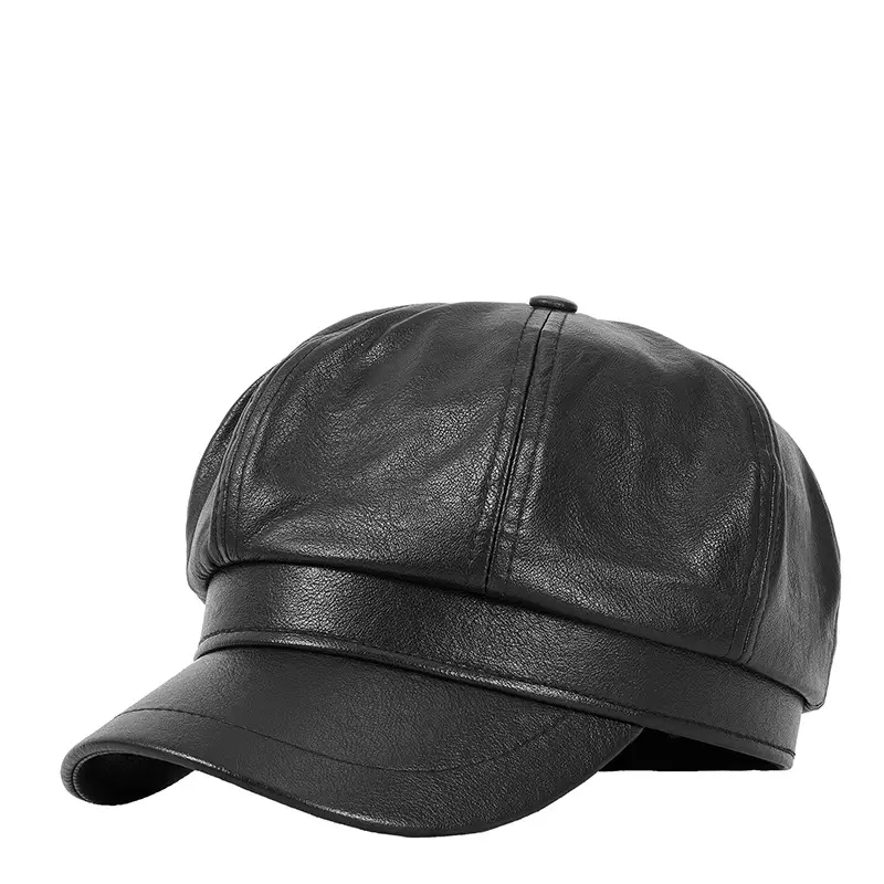 Black PU Leather Octagonal Cap for Men Women