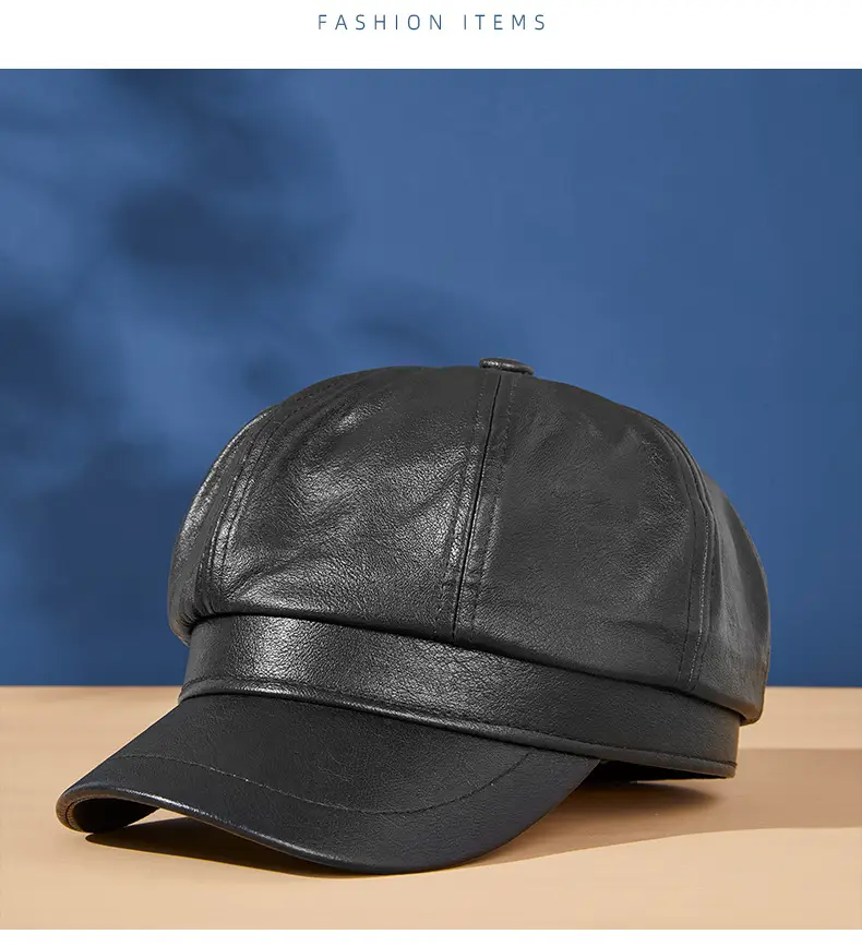 Black PU Leather Octagonal Cap for Men Women — feature 13
