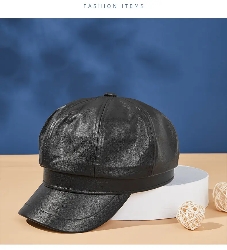 Black PU Leather Octagonal Cap for Men Women — feature 18