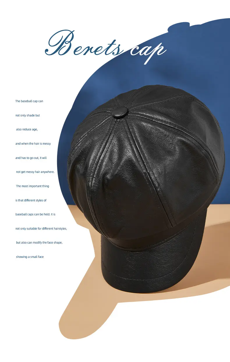 Black PU Leather Octagonal Cap for Men Women — feature 2