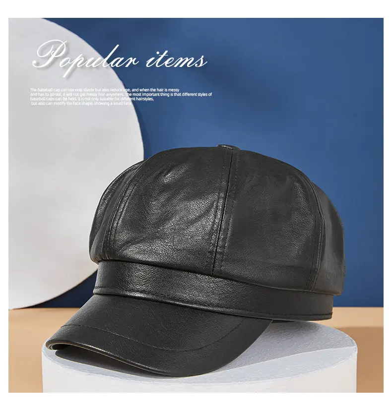 Black PU Leather Octagonal Cap for Men Women — feature 4