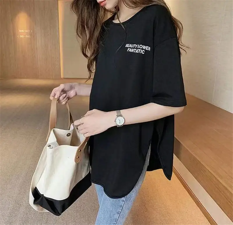 Women Printed T-Shirt Grey Loose Casual Large - Image 4