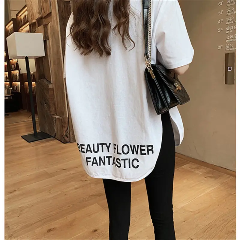 Women Printed T-Shirt Grey Loose Casual Large - Image 5
