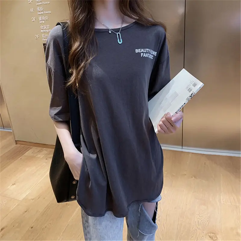 Women Printed T-Shirt Grey Loose Casual Large - Image 6