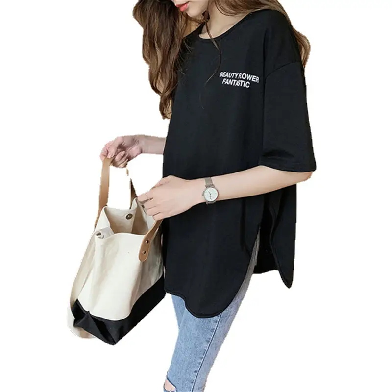 Women Printed T-Shirt Grey Loose Casual Large - Image 7