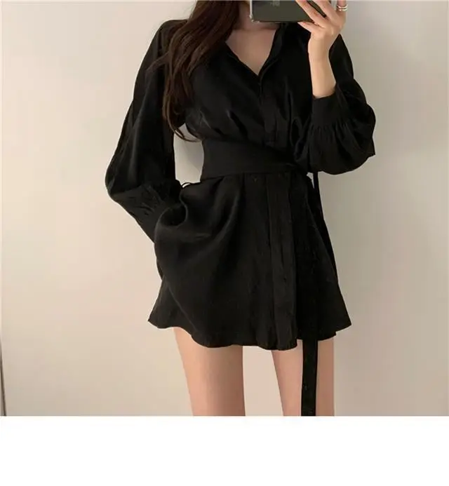 Black Waist Belted Korean Style Shirt Set — feature 14