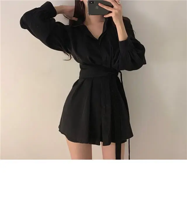 Black Waist Belted Korean Style Shirt Set — feature 15