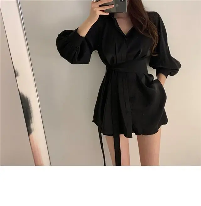 Black Waist Belted Korean Style Shirt Set — feature 16