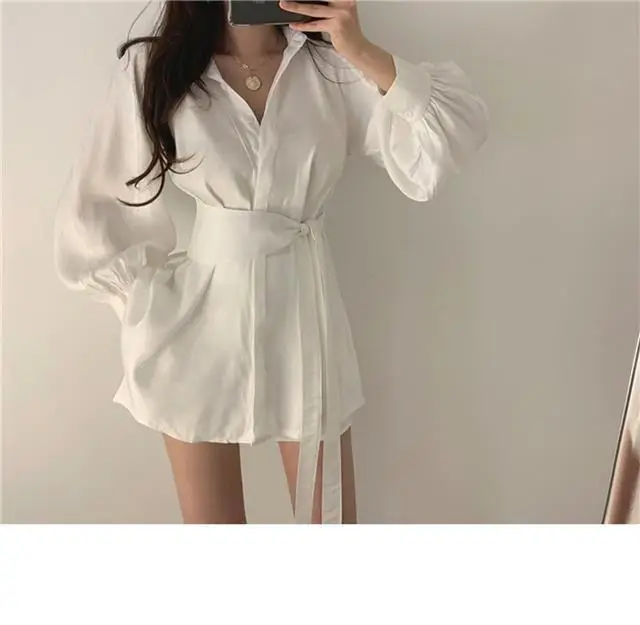 Black Waist Belted Korean Style Shirt Set — feature 6