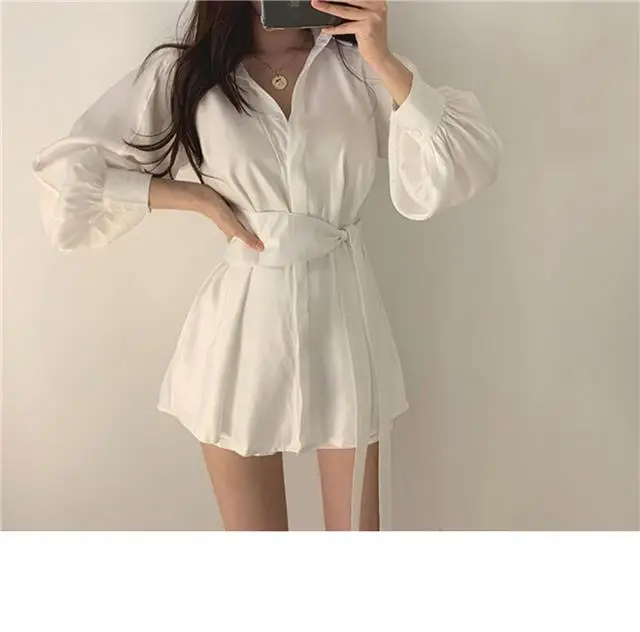 Black Waist Belted Korean Style Shirt Set — feature 8