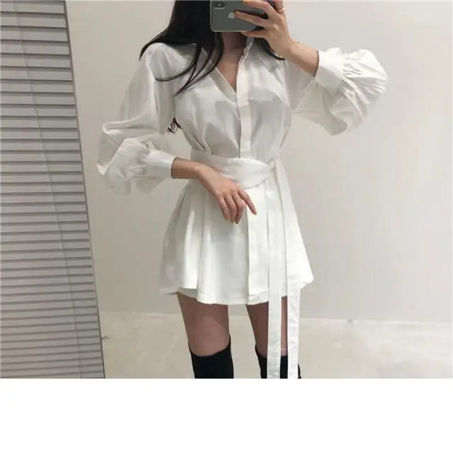 Black Waist Belted Korean Style Shirt Set — feature 9
