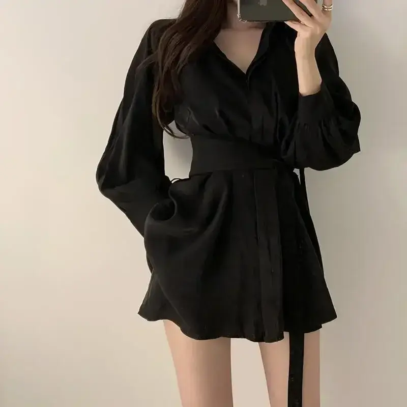Black Waist Belted Korean Style Shirt Set - Image 8