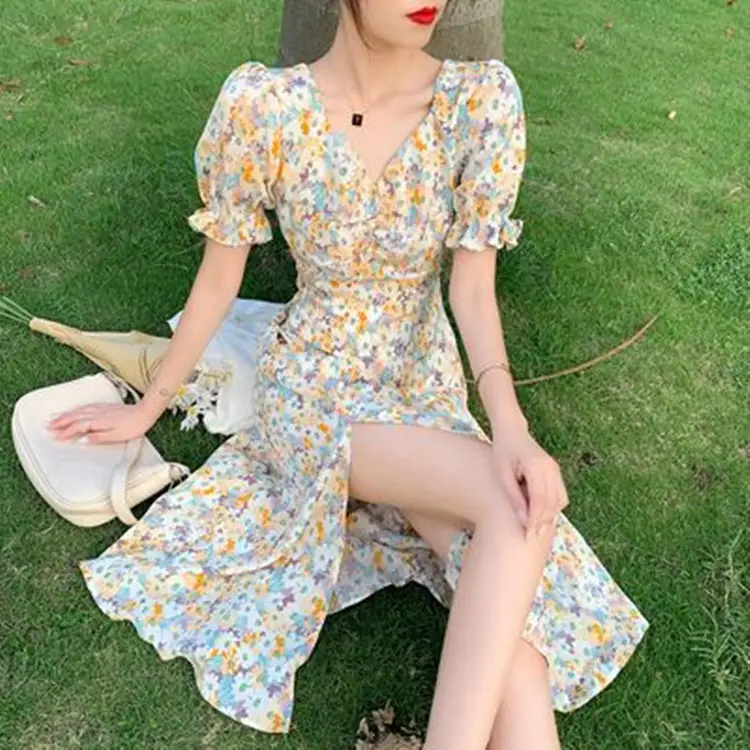 French Style Floral V-Neck Dress Summer Medium - Image 3