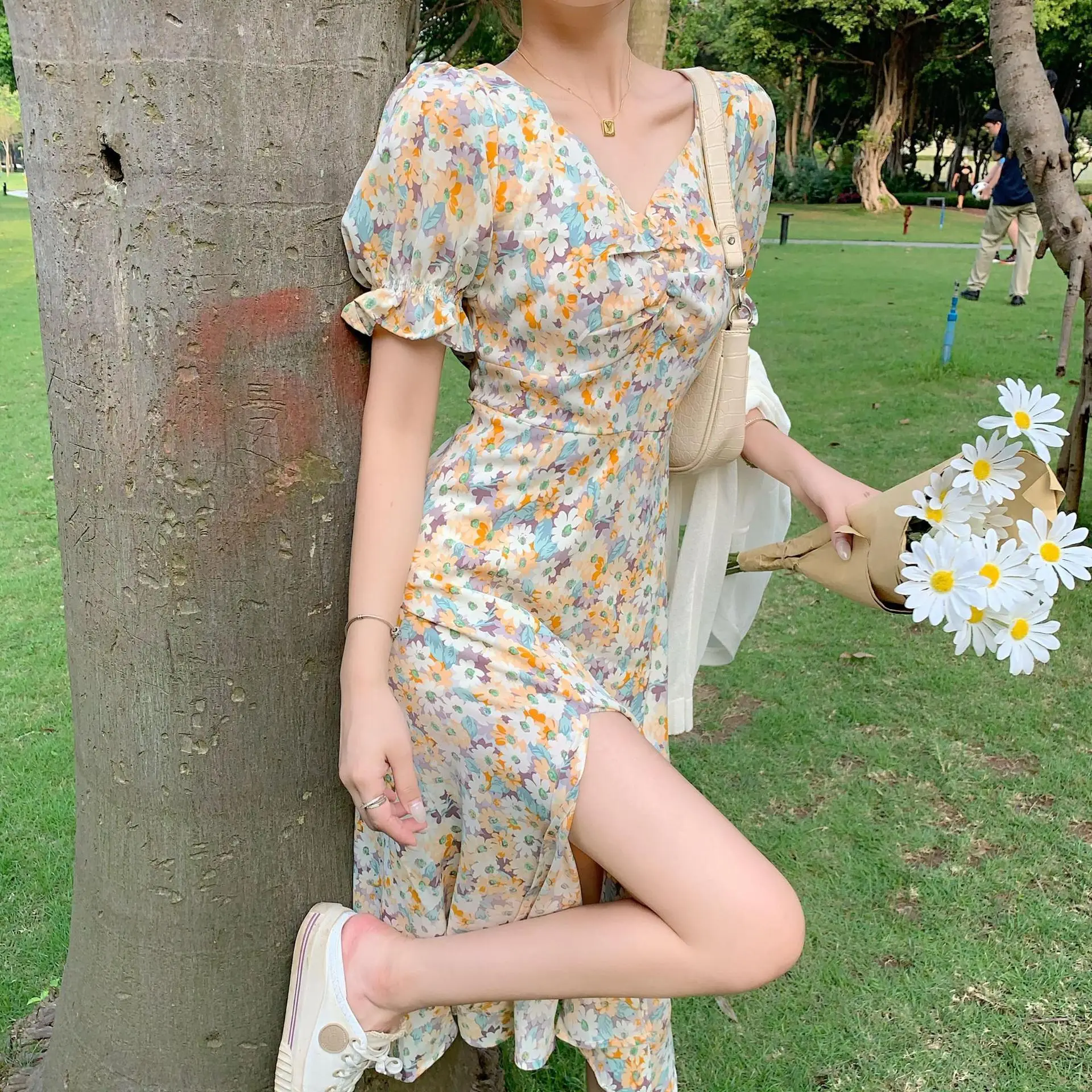 French Style Floral V-Neck Dress Summer Medium - Image 4