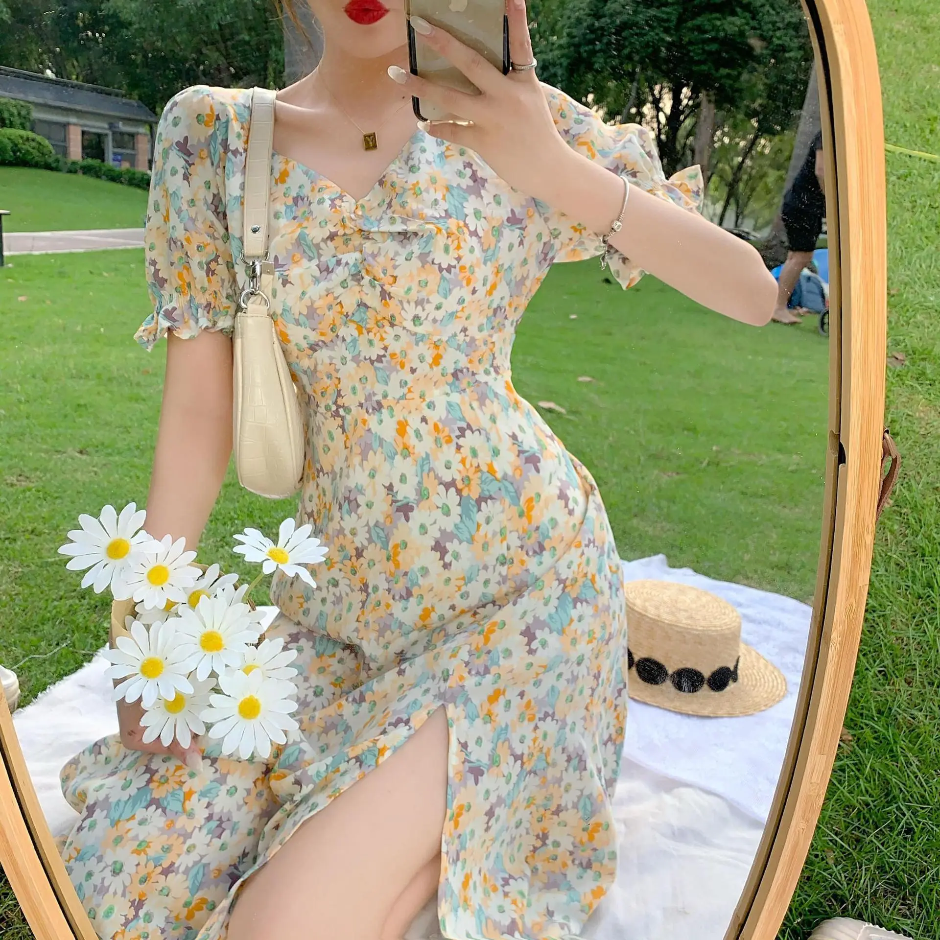 French Style Floral V-Neck Dress Summer Medium - Image 5