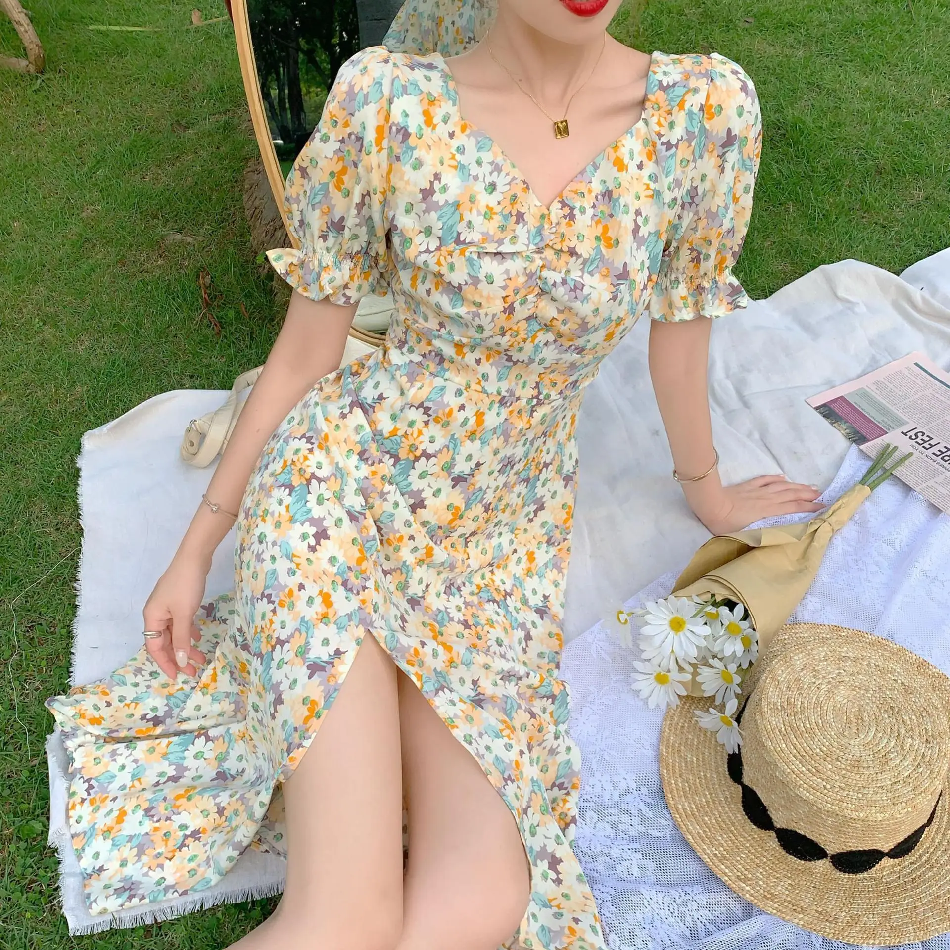 French Style Floral V-Neck Dress Summer Medium - Image 6