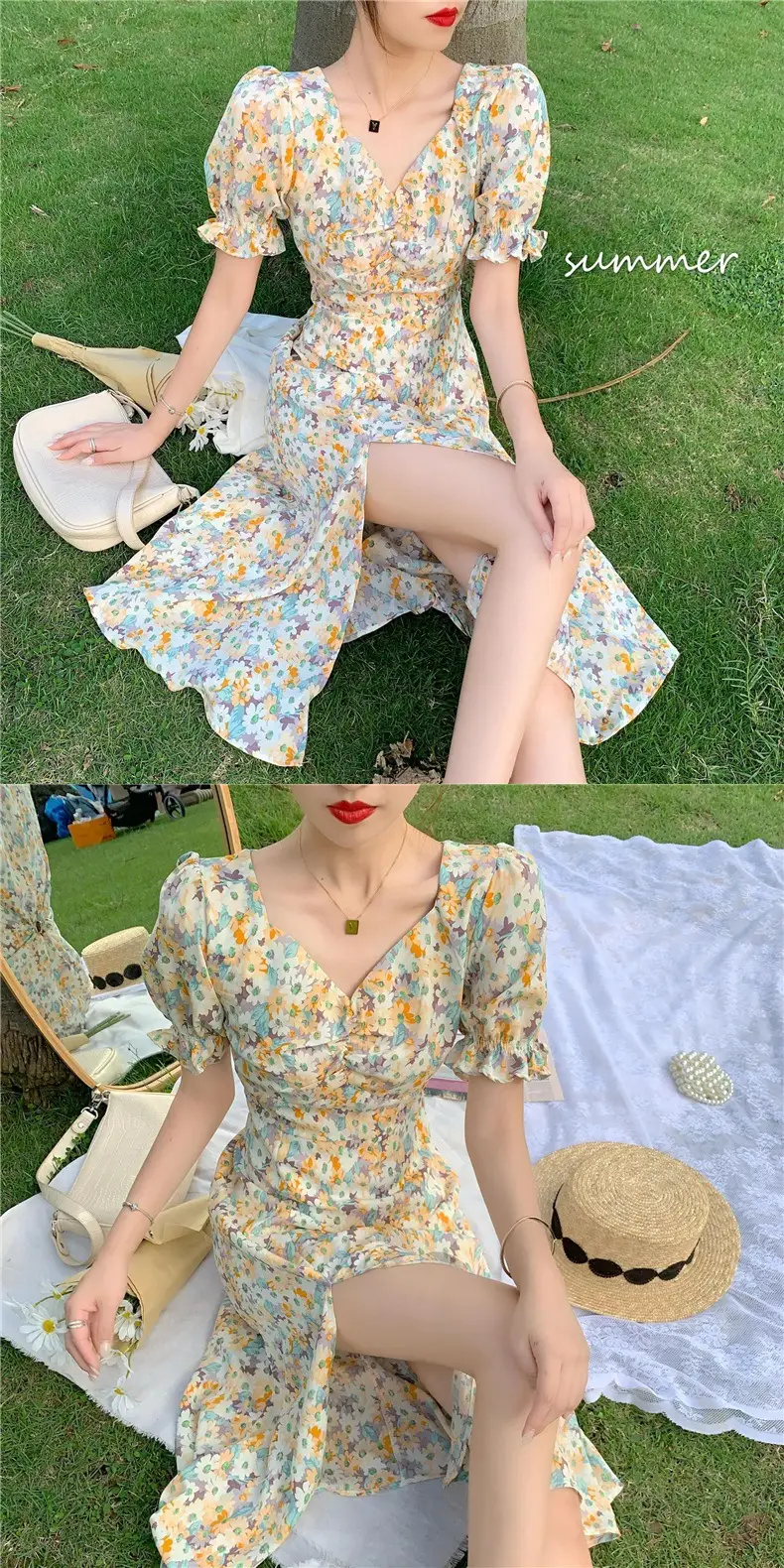 French Style Floral V-Neck Dress Summer Medium — feature 14