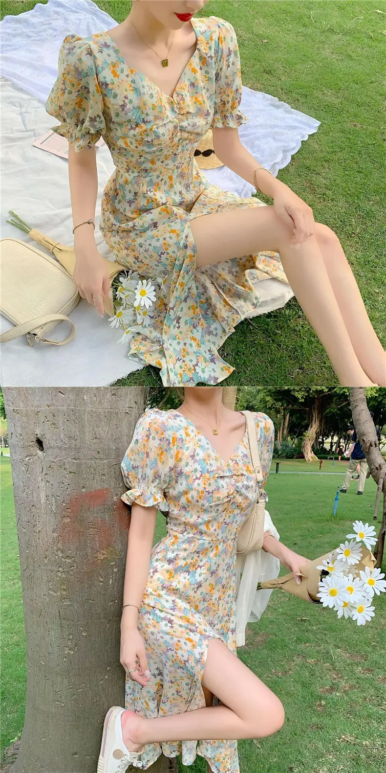 French Style Floral V-Neck Dress Summer Medium — feature 15