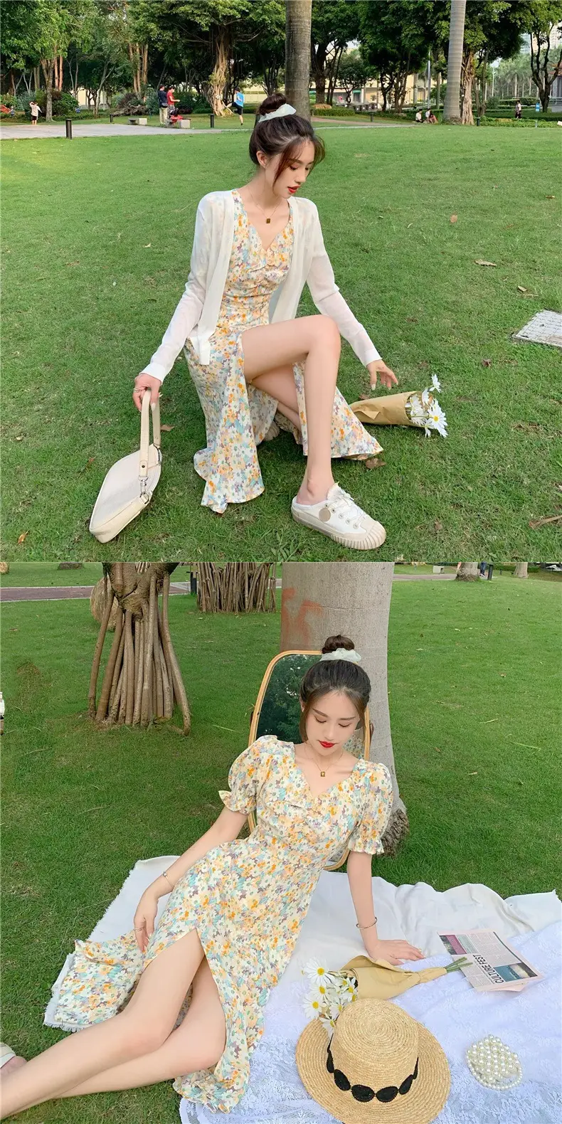 French Style Floral V-Neck Dress Summer Medium — feature 16