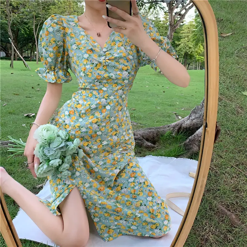 French Style Floral V-Neck Dress Summer Medium - Image 2
